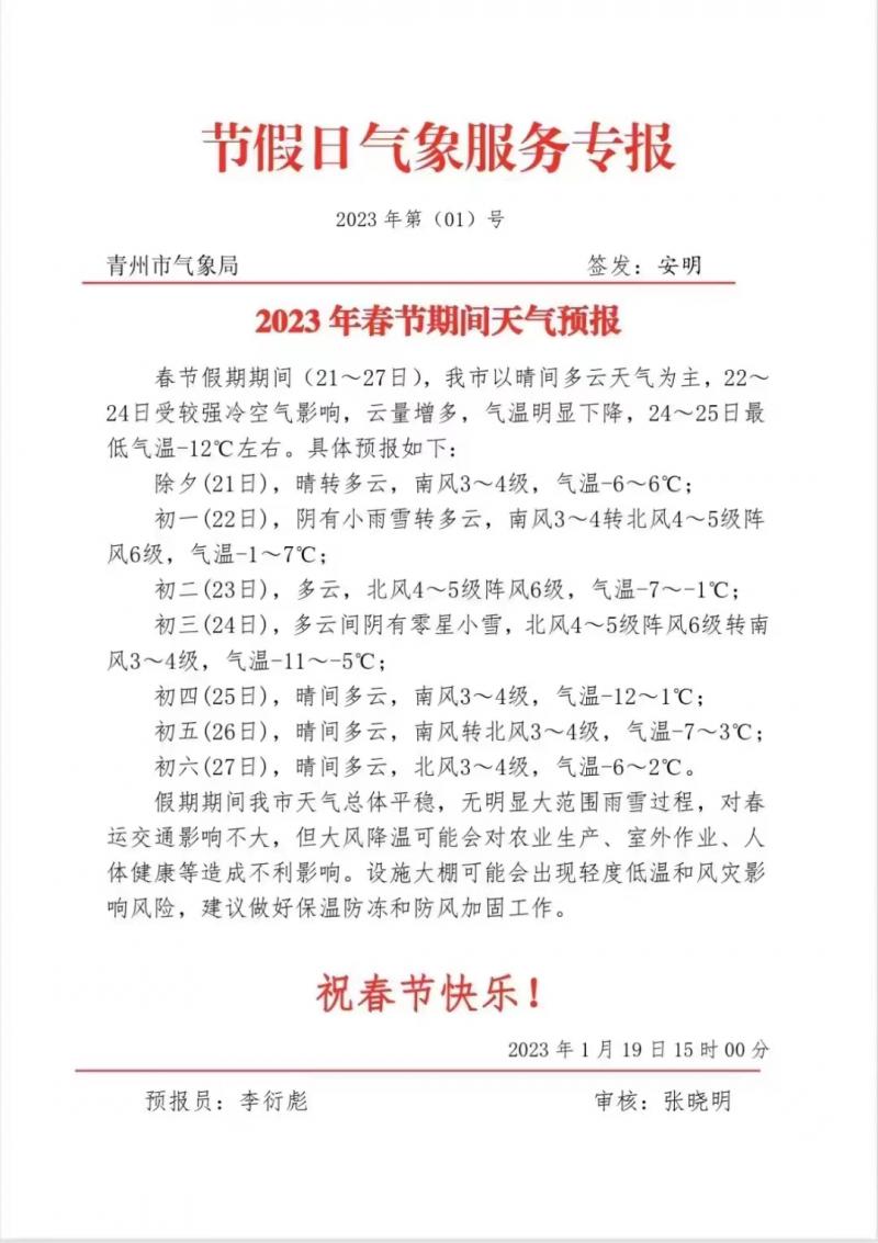 青州市春节期间天气预报